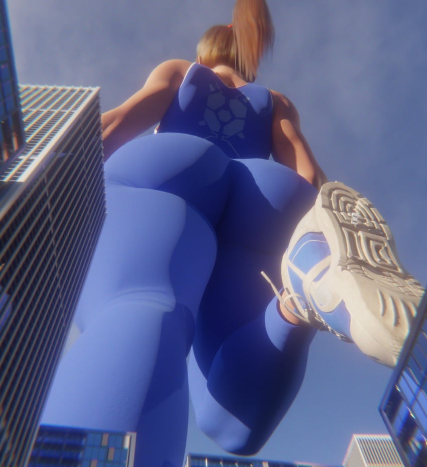 1girls 3d 3d_(artwork) alternate_outfit ass barefoot big_ass big_butt blonde_female blonde_hair blue_swimsuit building building_destruction buildings city city_destruction dbhfrost female female_focus female_only giant_female giant_woman giantess giga_giantess huge_ass huge_butt human human_female macro macro_female metroid nintendo playing samus_aran scrag_samus shoes sneakers solo solo_female solo_focus swimwear video_game_character