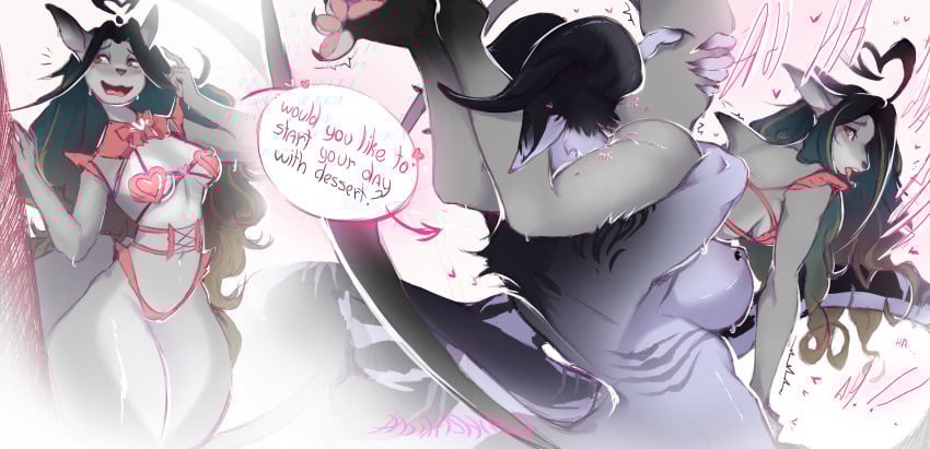 69_position absurd_res aki_(akilashiru) akilashiru anthro aquatic breasts canid clothing collar disclosure duo embarrassed exposed exposed_breasts female female/female fish genitals green_eyes green_hair grey_hair hair heart_symbol hi_res holidays horn ineffective_clothing jewelry letter long_hair mammal moan multicolored_hair nipples oral palms paws public public_nudity sex shark shy swimwear tail text thick_thighs valentine's_day