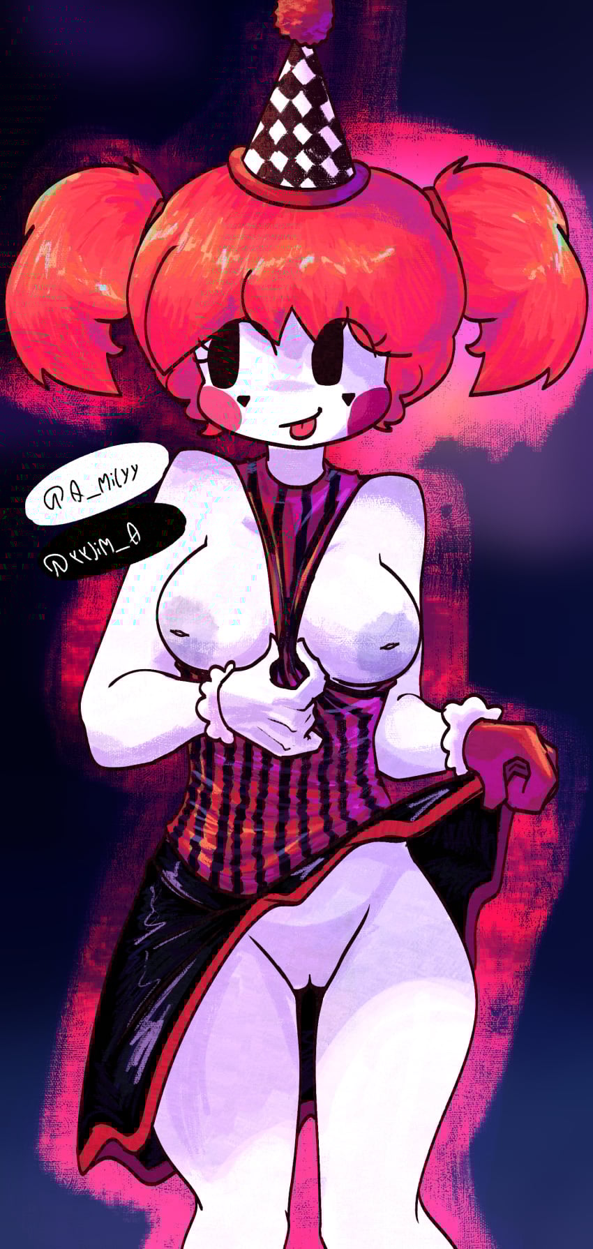 1girls :p b_emilyy_ black_eyes browserbm clothing clown clown_makeup colorful d-side_girlfriend exposed_breasts exposed_pussy exposing_self female flashing fnf fnf_mods friday_night_funkin friday_night_funkin_(d-side) friday_night_funkin_mod girlfriend_(friday_night_funkin) inverted_nipples looking_off_screen mime mime_makeup mob_face orange_hair skirt skirt_lift smiling_at_viewer solo_female solo_focus tongue tongue_out white_body white_skin