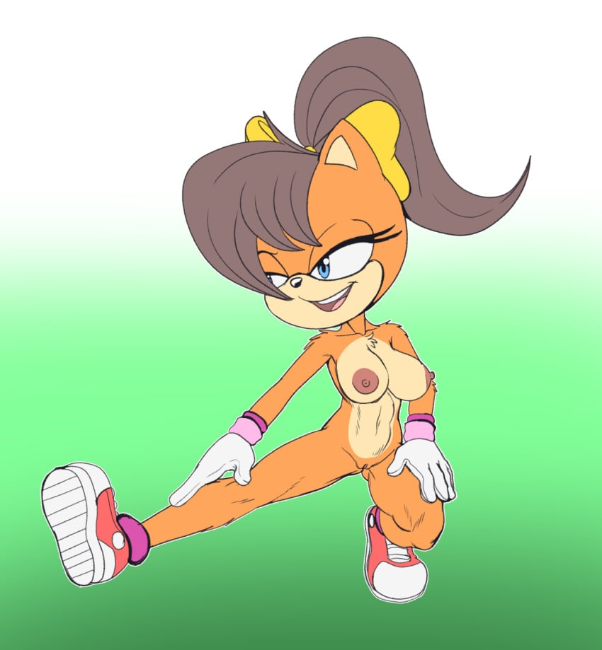 anthro belly brown_hair brown_nipples clothing domestic_cat felid feline felis female footwear fours_(artist) fur gloves hair hand_on_leg handwear hi_res mammal manx_cat mostly_nude nipples orange_body orange_fur shoes solo sonic_(series) sonic_the_hedgehog_(series) sonic_x-treme stretching tan_belly tiara_boobowski