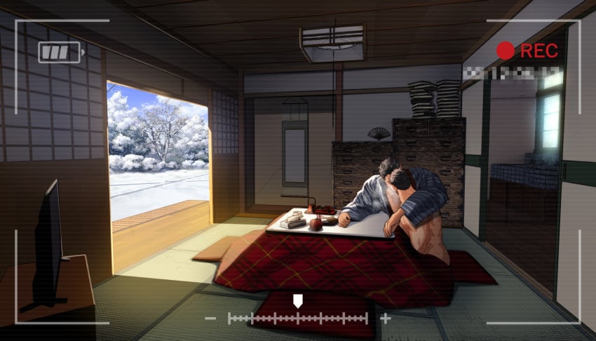 2boys bara beefy brown_hair ceiling ceiling_light daddy dark_room dilf drawer duo gay hi_res hunk japanese_house kimono kissing kotatsu male male/male male_only manly mature_male morning muscles muscular muscular_male no_visible_genitalia nullqllun original original_character recording short_hair sitting snow snowing steam steaming_breath sunlight sweat sweatdrop sweating sweaty tatami topless tough_guy winter yaoi