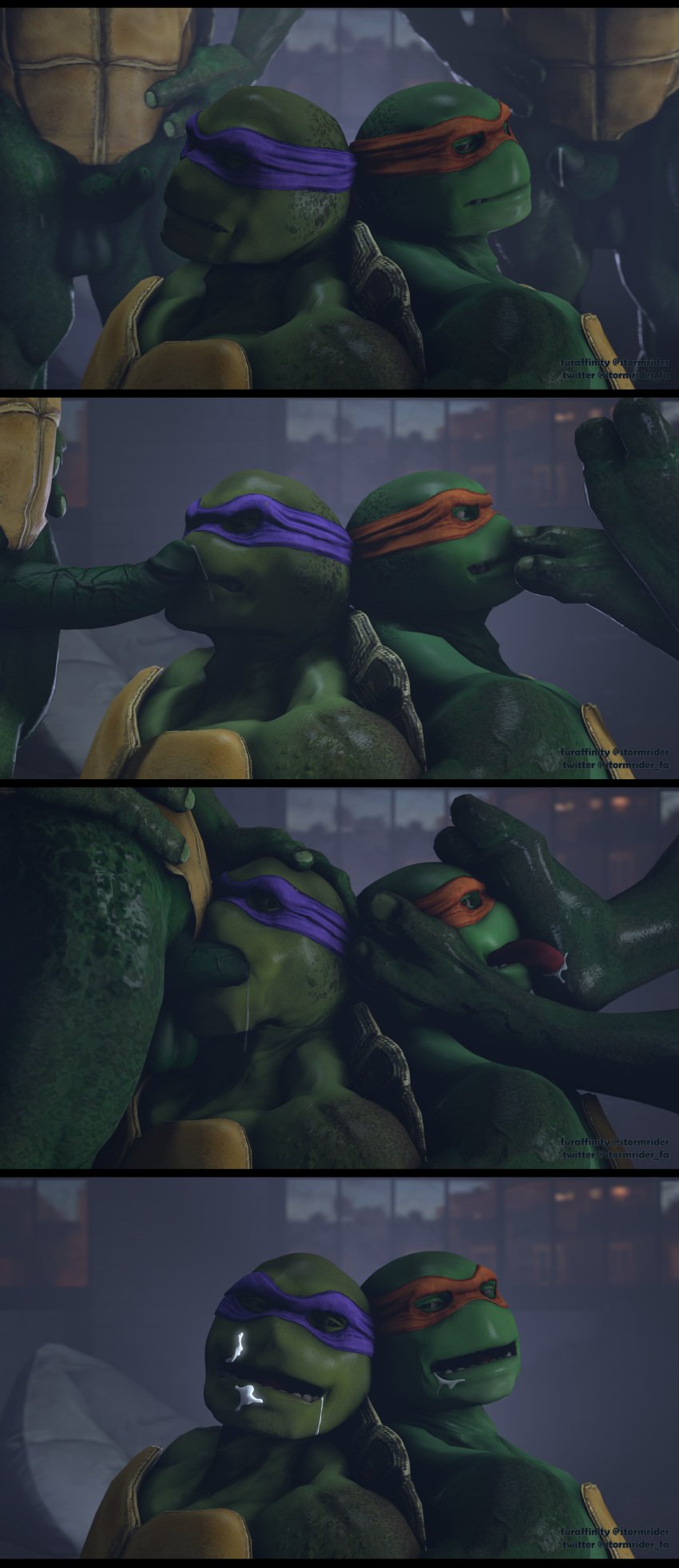 2_toes 3d_(artwork) absurd_res black_bars bodily_fluids comic cum cum_on_face digital_media_(artwork) donatello_(tmnt) feet fellatio foot_fetish foot_lick foot_play genital_fluids group hi_res incest leonardo letterbox licking male male/male michelangelo_(tmnt) oral penile raphael_(tmnt) reptile scalie sex source_filmmaker stormrider teenage_mutant_ninja_turtles toes tongue tongue_out turtle yaoi