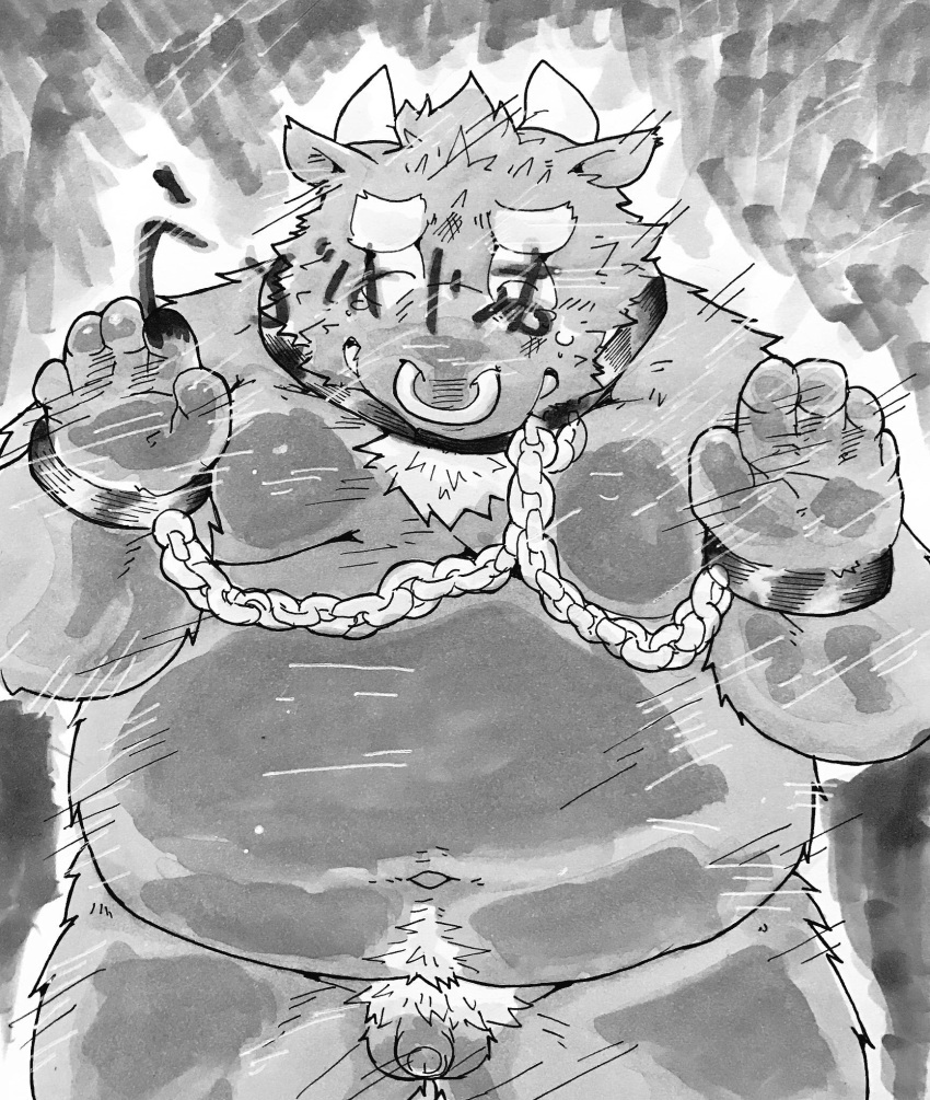 2021 anthro balls belly bodily_fluids bovid bovine cattle chained chains crying flaccid furry genitals hi_res humanoid_genitalia humanoid_hands humanoid_penis japanese_text kemono male mammal moobs navel overweight overweight_anthro overweight_male penis pubes small_penis solo suishou0602 tears text