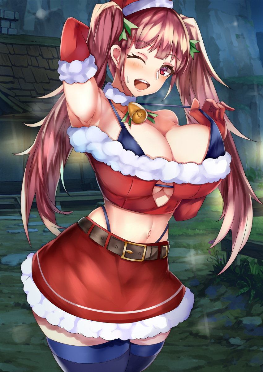 1girls alternate_costume armpits arms_behind_back bangs bare_midriff bare_thighs bikini blush christmas cleavage cleavage_cutout fire_emblem fire_emblem:_three_houses fire_emblem_heroes hilda_valentine_goneril hilda_valentine_goneril_(winter) huge_breasts large_breasts long_hair looking_at_viewer night nintendo one_eye_closed open_mouth open_smile outdoors pink_eyes pink_hair skimpy skimpy_clothes skirt smile solo sweatdrop tea_texiamato thick_thighs thighhighs twintails wink