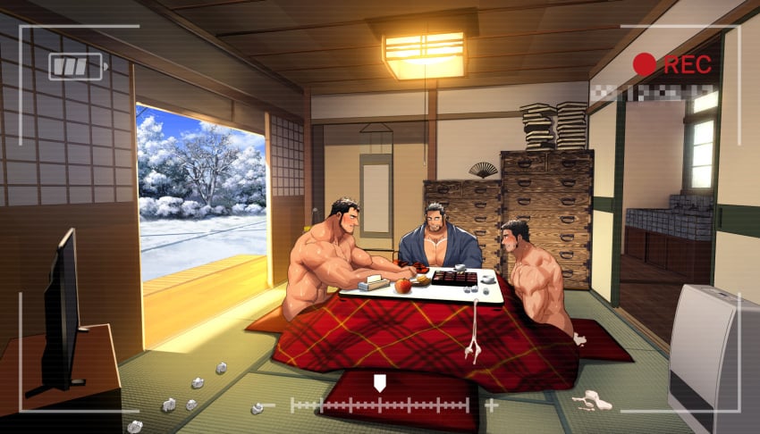 3boys after_sex bara beefy brown_hair ceiling ceiling_light cum cum_drip cum_on_floor cum_on_table cum_puddle cum_splatter cum_string daddy dilf drawer dripping dripping_cum gay hi_res hunk japanese_house kotatsu male male_only manly mature_male messy morning muscles muscular muscular_male no_visible_genitalia nullqllun original original_character recording semen short_hair sitting snow snowing sticky_cum sweat sweatdrop sweating sweaty tatami thick_cum tissue topless tough_guy used_tissue winter yaoi