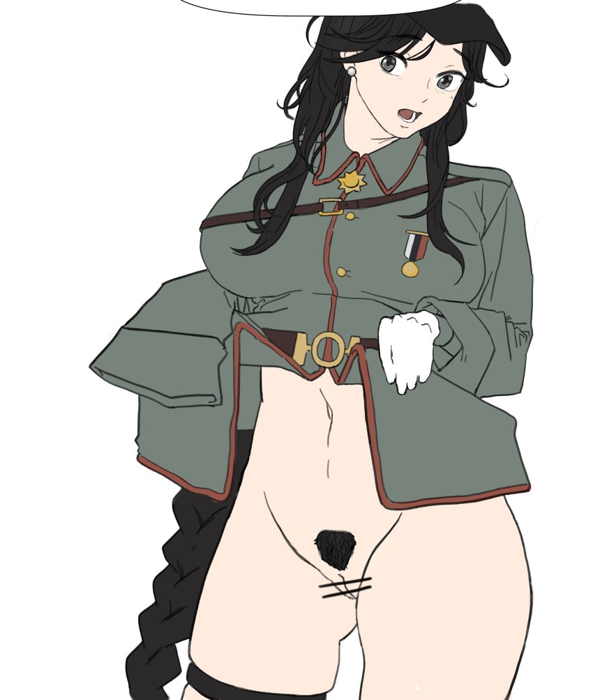 1girls asaripan bar_censor black_hair bottomless braid censor_bar censored clothes_lift clothing feet_out_of_frame female female_only flat_colors general_liu_(girls'_frontline) girls'_frontline gloves grey_eyes groin hat long_hair military_uniform mole mole_under_eye navel open_mouth pubic_hair pussy