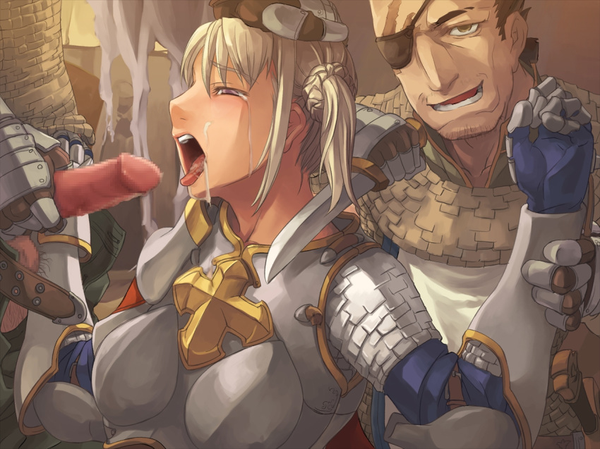 armor blonde_hair braid censored cross cum dark_matrix eye_patch facial fellatio female forced forced_oral gangbang group_sex hand_on_head imminent_rape knife knight knight_(ragnarok_online) lord_knight lord_knight_(ragnarok_online) moonshell open_mouth oral penis pink_eyes purple_eyes ragnarok_online rape scar sex short_twintails spoils_of_war tears testicles tied_hair tongue twintails