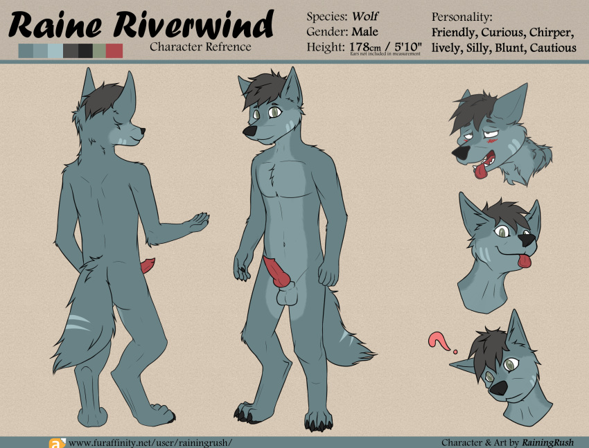 2019 ahe_gao animal_genitalia animal_penis anthro ass balls blush canid canine canine_penis canis digital_media_(artwork) fur green_eyes hair hi_res knot looking_pleasured male mammal model_sheet penis raine_riverwind rainingrush simple_background solo text wolf