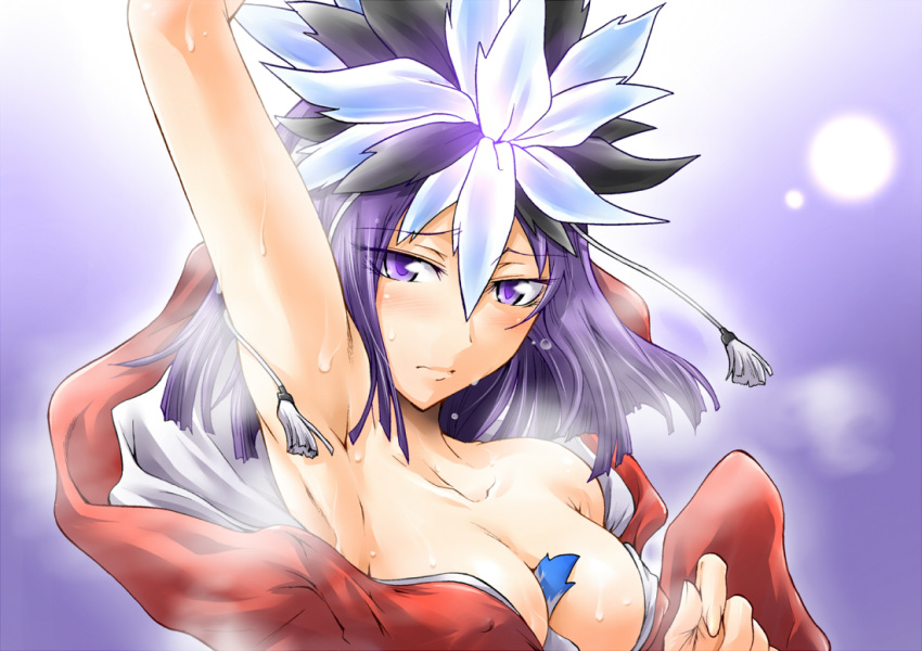 amane_kuzuryuu armpits bare_shoulders between_breasts breasts cleavage clothing devil_survivor erect_nipples erect_nipples_under_clothes headdress hoodie kuzuryu_amane kuzuryuu_amane large_breasts megami_ibunroku_devil_survivor megami_tensei purple_eyes purple_hair segami_daisuke short_hair smell sweat tail_between_breasts wet