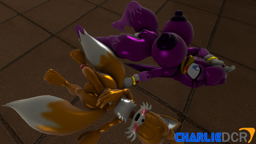 3d after_sex avian balls beak bird blue_eyes blush bouncing_breasts breasts charliedcr clothing cum duo eyelashes female fox fur gloves heart_eyes large_penis larger_female male penis purple_body purple_hair size_difference smaller_male smile sonic_(series) tails wave_the_swallow white_body