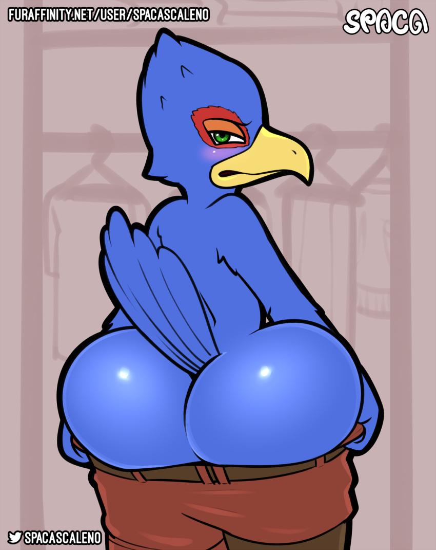 anthro ass avian beak big_butt bird blush digital_media_(artwork) falco_lombardi feathers hi_res looking_at_viewer male male_only nintendo simple_background solo solo_male spaca star_fox video_games