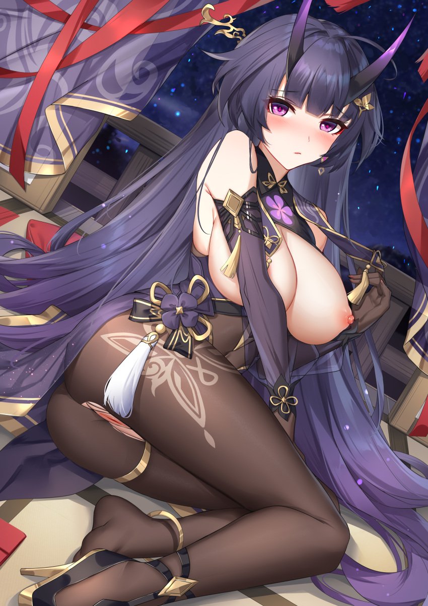 asian_clothes ass benghuai_xueyuan garter heels honkai_impact horns megane pussy raiden_mei skirt_lift tagme wu_ganlan_cai