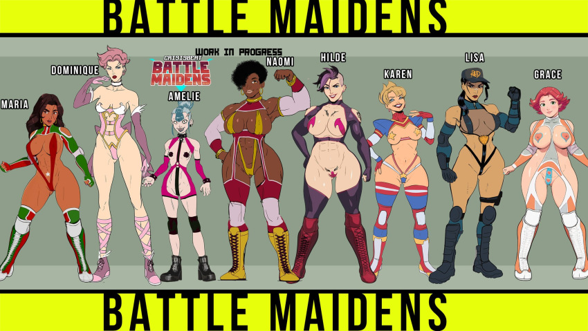 8girls amelia_(battle_maidens) athletic athletic_female battle_maidens big_breasts black_hair blonde_hair blue_eyes boots breasts brown_body brown_hair brown_skin bust busty chest cleavage clothing crisisbeat curvaceous curvy curvy_figure dark-skinned_female dark_skin digital_drawing_(artwork) digital_media_(artwork) dominique_(battle_maidens) dominique_bourgeois ear_piercing earrings female female_focus female_only fit fit_female french french_female gloves hilde_jansen hips hourglass_figure huge_breasts human ichan ignition_crisis karen_morris la_tormenta large_breasts latina legs light-skinned_female light_skin lips lipstick lisa_zenigata long_hair maria_mendoza mature mature_female medium_breasts multiple_girls muscular muscular_female naomi_(battle_maidens) original original_character partially_clothed piercing ponytail purple_hair shoes short_hair shortfuse_amelie sketch skimpy skimpy_clothes slim_waist small_breasts strap straps thick thick_legs thick_thighs thighs toned toned_female voluptuous waist white_body white_swan_(battle_maidens) wide_hips wrestler wrestling wrestling_outfit