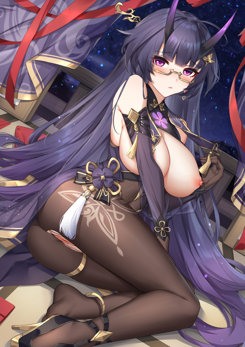 asian_clothes ass benghuai_xueyuan garter heels honkai_impact horns megane pussy raiden_mei skirt_lift tagme wu_ganlan_cai