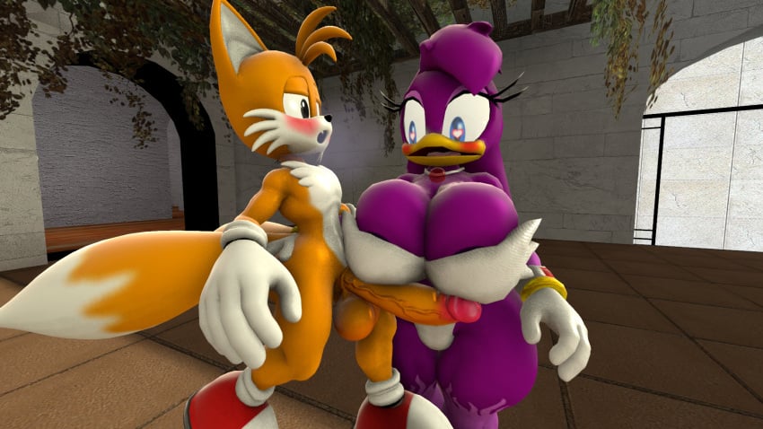 3d avian balls beak bird blue_eyes breasts charliedcr clothing duo eyelashes female fox fur gloves imminent_sex large_penis larger_female male penis purple_body size_difference smaller_male smile sonic_(series) tails wave_the_swallow white_body