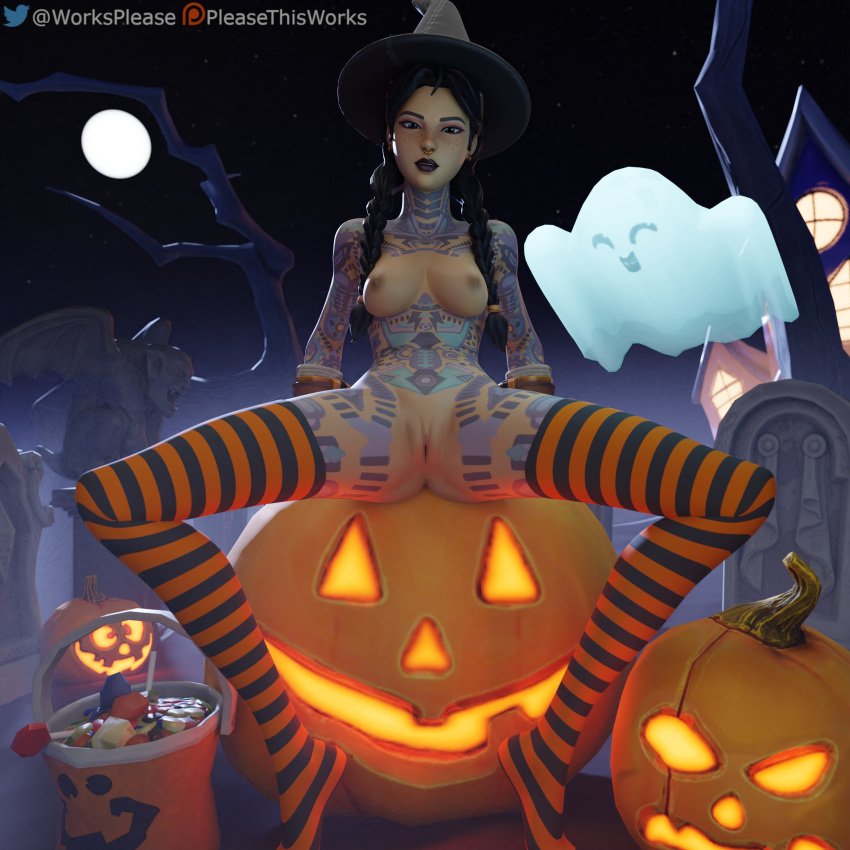 1girls 3d big_breasts black_hair blender breasts candy female female_only fortnite fortnite:_battle_royale ghost halloween jules_(fortnite) light-skinned_female light_skin looking_at_viewer nipples nude pleasethisworks pose posing presenting pumpkin pussy spread_legs stockings tagme tattoo tattoos vagina watermark witch_hat