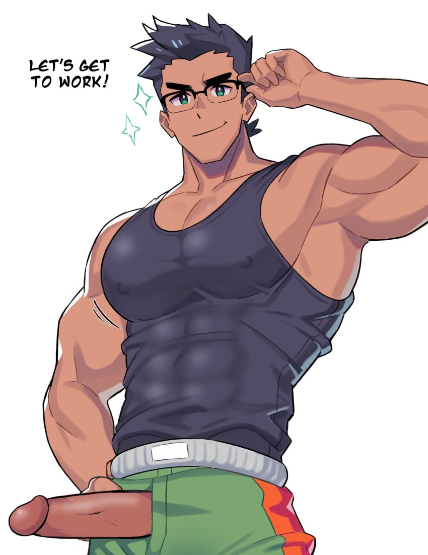 1boy armpit_hair armpits bara biceps black_hair blush clothing dark_hair dark_skin dialogue dick edit gay glasses green_pants large_penis little_mac looking_at_viewer male_focus male_only milkiato muscle muscles muscular muscular_male nintendo pants penis punch_out shorts solo_male super_smash_bros. sweat sweating sweaty tan_skin text triceps uncensored