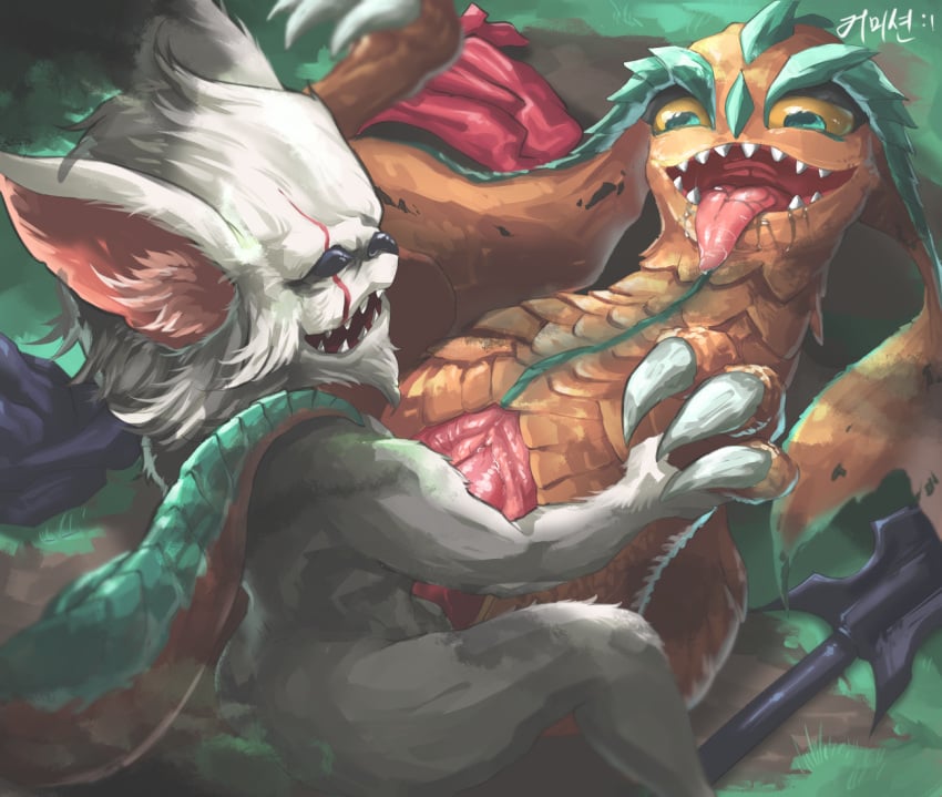 chobonolly duo female feral humanoid kled league_of_legends male male/female nude orange_body outside penetration riot_games rule_63 scalie skaarl tongue tongue_out vaginal_penetration video_games white_body yordle zoophilia