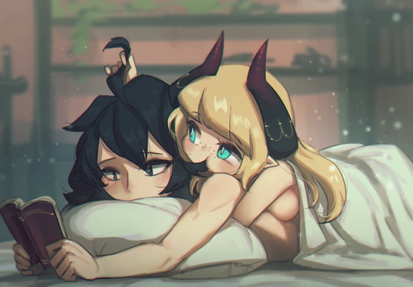 2girls black_hair blonde_hair breast_press breasts duo executioner_maid_(centuriic) female flareze_(porforever) multiple_girls nude original original_character porforever wholesome yuri