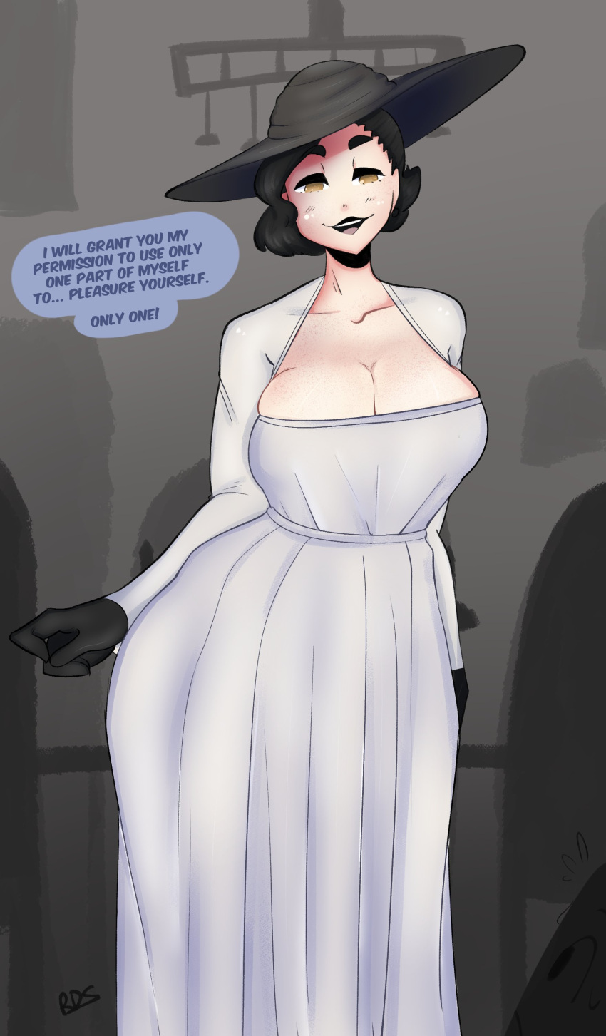 alcina_dimitrescu big_breasts black_hair breasts busty capcom female female_focus hat hourglass_figure male rednspice resident_evil resident_evil_8:_village speech_bubble standing tagme tight_clothing wide_hips