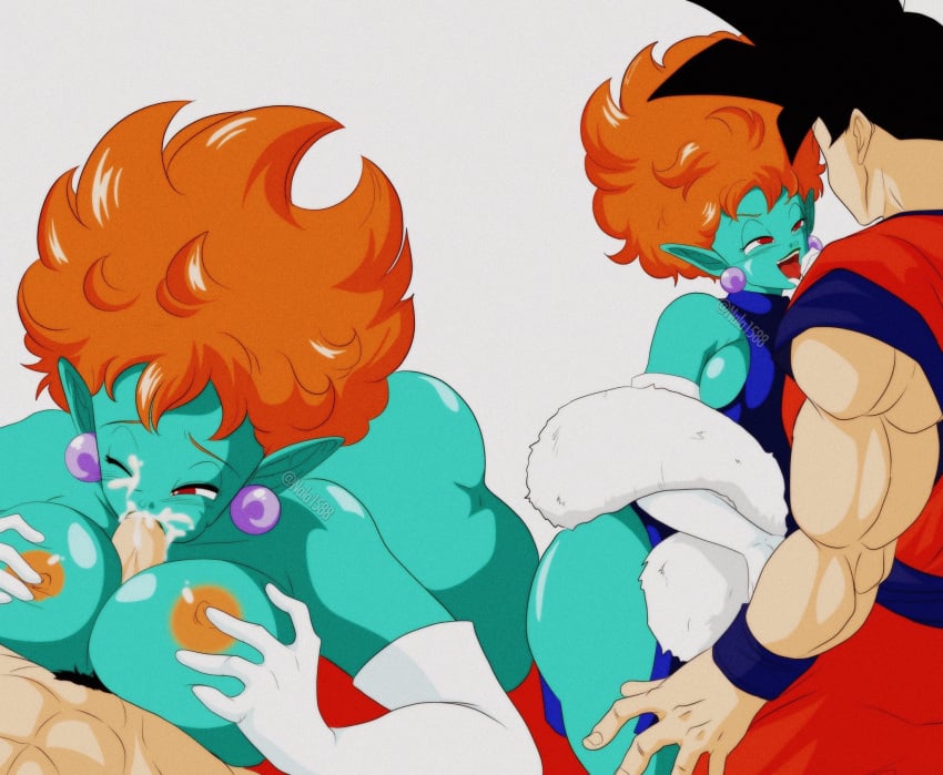 1boy 1girls blowjob cum cum_in_mouth demon demon_girl dragon_ball dragon_ball_z fellatio female huge_breasts male muscular muscular_male nala1588 outercourse paizuri princess_snake saiyan seductive seductive_smile son_goku unseen_male_face