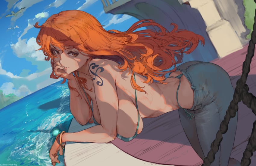 1girls absurd_res alternate_breast_size artist_name ass_cleavage big_breasts bikini bracelet breasts butt_crack curvy cutesexyrobutts female female_focus female_only hi_res horny huge_breasts jeans large_breasts leaning_forward long_hair looking_at_viewer naked nami nude nude_female ocean one_piece orange_eyes orange_hair pants post-timeskip sagging_breasts sideboob signature solo solo_female striped_bikini swimsuit tattoo thong tight_clothing tight_jeans tight_pants