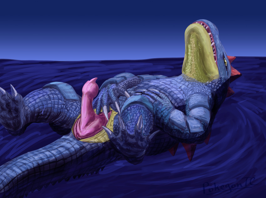 2021 anatomically_correct anatomically_correct_genitalia anatomically_correct_penis animal_genitalia animal_penis blue_body blue_scales cloaca crocodilian crocodilian_penis digital_media_(artwork) erection feral feraligatr floating furry_only genitals hi_res knot looking_at_viewer male male_only nintendo no_humans open_mouth outside penis pokémon_(species) pokemon pupils red_spikes reptile scales scalie slit slit_pupils solo spikes spikes_(anatomy) t-ace_juice video_games water yellow_body yellow_eyes yellow_scales