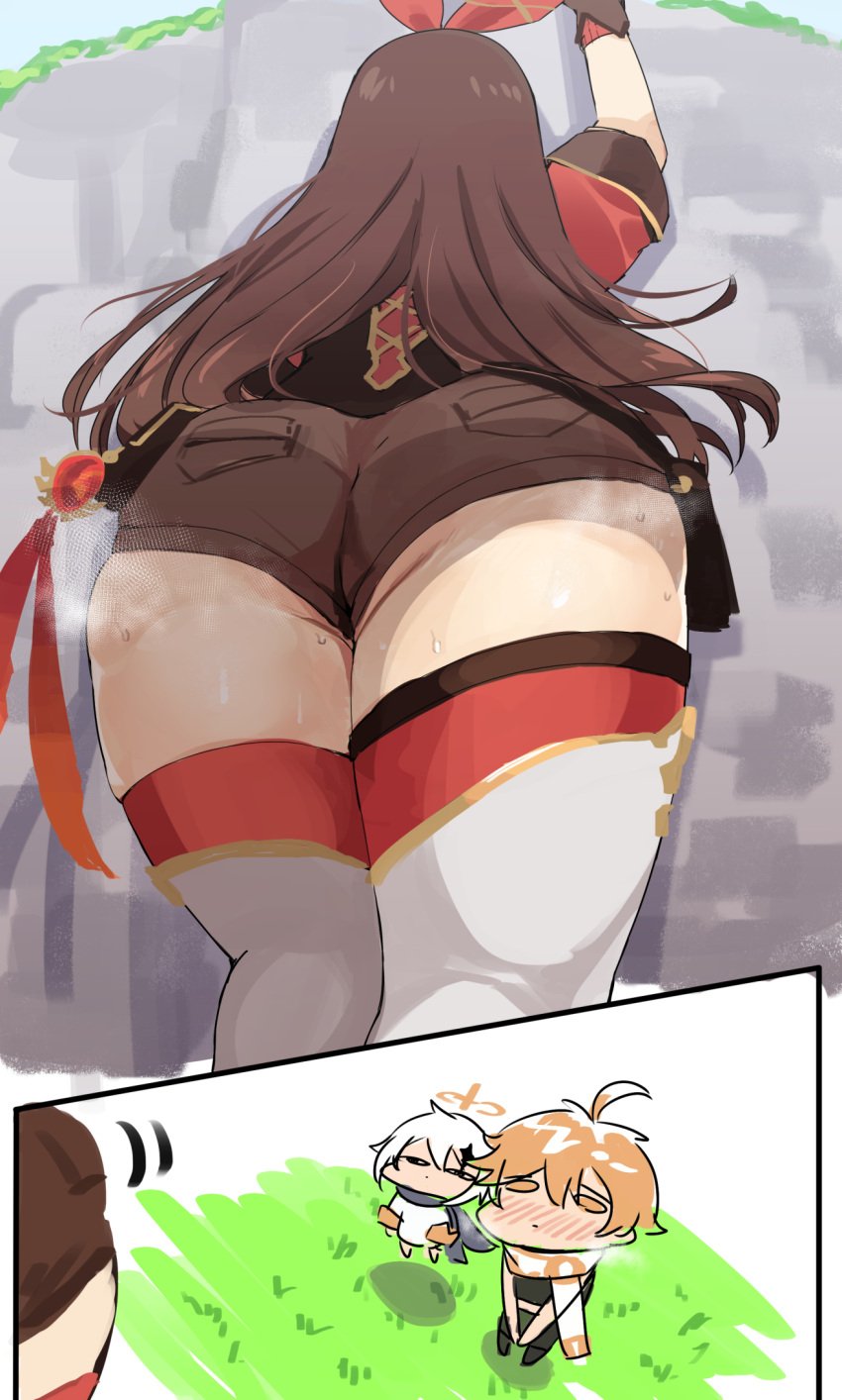 1boy 2girls aether_(genshin_impact) amber_(genshin_impact) ass ass_focus back_view backside big_ass big_thighs blush boots booty_shorts bow_in_hair brown_hair bubble_butt butt butt_awe climbing clothed_female covering_crotch curvy dark_hair female genshin_impact hotpants huge_ass implied_boner long_hair looking_up male okpriko paimon_(genshin_impact) pussy_visible_through_clothes rear_view rock_climbing short_shorts shorts steaming_body straight sweat sweaty thick_thighs thighhighs