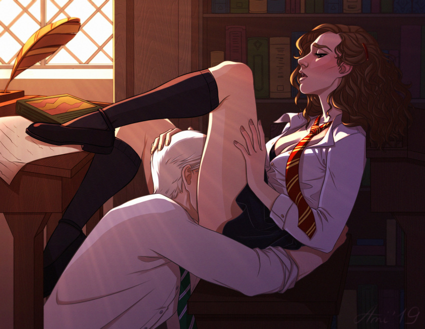 1boy 1boy1girl 1girls ami-kk blonde_hair blush bookshelf bra breasts brown_hair brunette chair cleavage clothed clothing cunnilingus cunnilingus_in_skirt day draco_malfoy duo fanon_couple female footwear gryffindor half-closed_eyes hand_on_another's_head hand_on_head harry_potter head_between_thighs head_grab head_in_crotch head_in_pussy hermione_granger hetero heterosexual hogwarts implied_cunnilingus indoors kneehighs legs_up library light-skinned_female light-skinned_male light_skin long_socks male male/female medium_hair necktie on_chair open_mouth oral oral_sex school school_uniform schoolgirl sex shoes short_hair short_skirt sitting skirt slytherin socks straight student undressing uniform white_clothing white_hair white_shirt