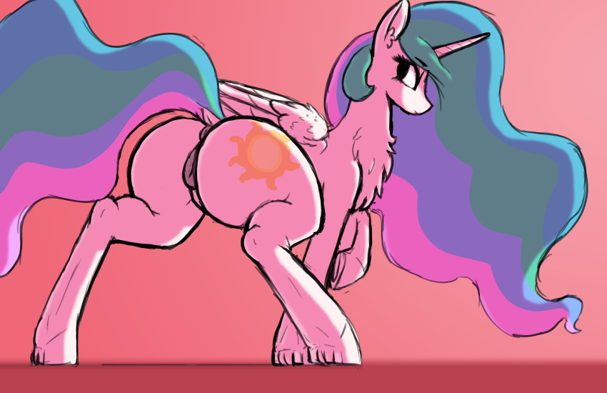 absurd_res alicorn anus ass big_butt chest_tuft crazy_water cutie_mark dock duo equid female feral friendship_is_magic fur genitals hasbro hi_res hooves horn looking_back mammal mane multicolored_mane my_little_pony nude princess_celestia_(mlp) puffy_anus pussy tuft underhoof white_body white_fur wings