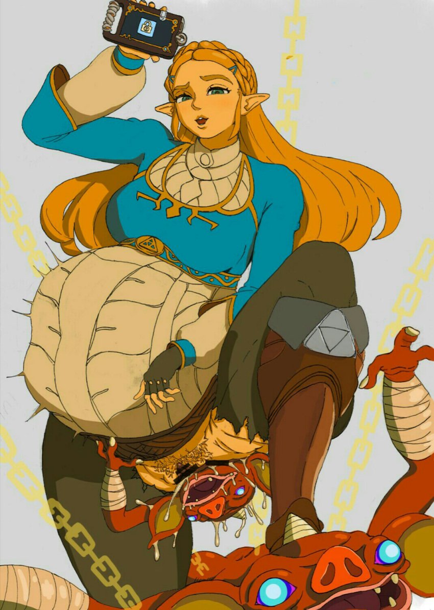 big_belly blonde_hair bokoblin boots breasts breath_of_the_wild censored chains concrete_(artist) female femdom fully_clothed green_eyes hylian long_hair looking_at_viewer monster nintendo princess_zelda pubic_hair sheikah_slate stasis_rune stomach_bulge tagme the_legend_of_zelda unbirth unbirthing vore zelda_(breath_of_the_wild)