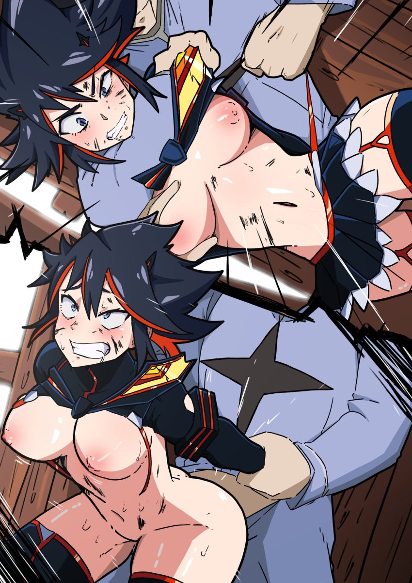 1boy 1girls arm_around_neck arm_grab arm_holding arms_behind_back arms_held_back battle_damage black_hair blue_eyes blush breast_grab breasts breasts_out eyes_rolling_back female_focus female_penetrated flat_belly front_view gritted_teeth hourglass_figure kill_la_kill large_breasts legwear long_sleeves looking_down mark_gavatino matoi_ryuuko molestation navel nipples on_model prison_guard_position puffy_nipples rape red_highlights saliva saliva_trail skirt spiky_hair stomach straight struggling studio_trigger sweat thick_thighs thighs wrist_grab