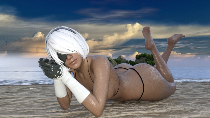 1girls 3d ass beach big_ass bikini blindfold breasts daz3d feet female female_only lykoxxx model nier:_automata soles solo wet wet_body white_hair yorha_2b