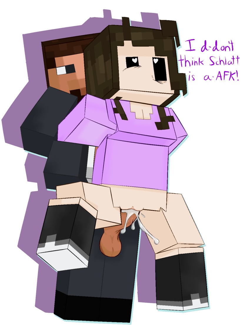 1boy 1girls arms_held_back balls bodily_fluids breasts brown chinigan cleavage clothed cum cum_in_pussy cum_inside dialogue ejaculation erection from_behind genitals hair jaiden jaiden_animations jschlatt light_skin long_hair looking_at_viewer male_penetrating minecraft minecraft_youtubers overflow partially_clothed penetration penis purple_shirt pussy schlatt sex shoes spread_legs suit testicles text transparent_background vaginal_penetration youtube youtuber