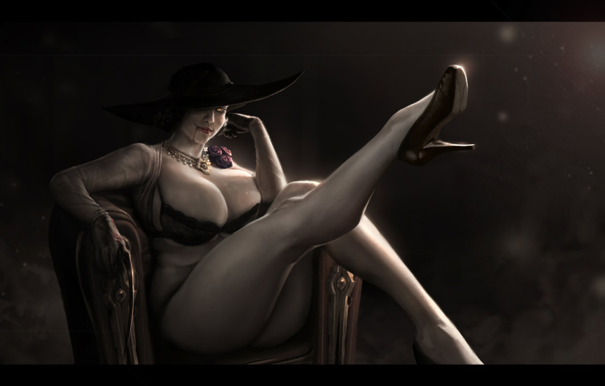 1milf alcina_dimitrescu black_hair bokkimi bra breasts busty capcom classy cleavage cougar cougar_milf elegant female female_only hat high_heels huge_breasts large_breasts legs lingerie looking_at_viewer milf pale-skinned_female pale_skin resident_evil resident_evil_8:_village seductive_pose solo yellow_eyes