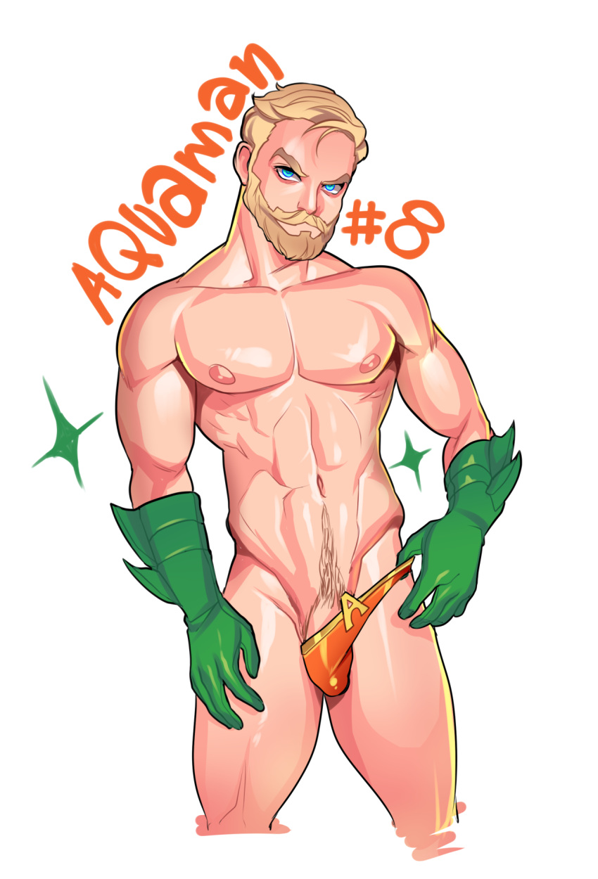 1boy abs aquaman aquaman_(series) arthur_curry beard biceps blonde_hair blue_eyes bulge dc_comics male_only moomill moustache muscular nude pecs penis penis_peek pubic_hair thick_thighs