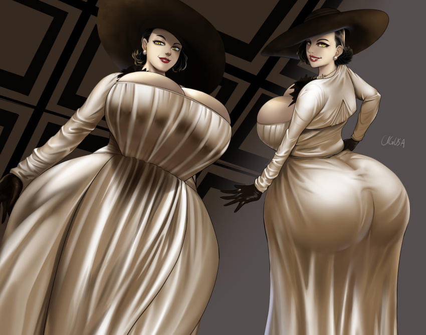 1girls alcina_dimitrescu ass ass_in_dress breasts breasts_bigger_than_head cigusa cleavage dress earrings eye_contact female female_only gloves hat huge_ass huge_breasts large_ass lipstick looking_at_viewer looking_down massive_ass milf playstation playstation_5 red_lipstick resident_evil resident_evil_8:_village sony_corporation sony_interactive_entertainment standing thick_ass tight_dress vampire voluptuous wide_hips yellow_eyes