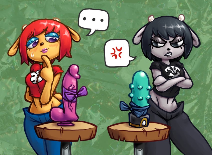 anthro big_breasts black_eyes black_hair blush bodily_fluids bovid bow_tie breasts caprine clothed clothing cross-popping_vein crossed_arms dildo duo female fur green_background gummuru hair half-closed_eyes horn lammy_lamb mammal narrowed_eyes parappa_the_rapper purple_eyes rammy_lamb red_hair sex_toy sheep simple_background sony_corporation sony_interactive_entertainment sr standing sweat teeth thick_thighs um_jammer_lammy vein veiny_dildo video_games wide_hips