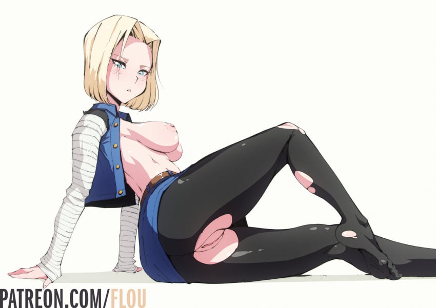 1girls android_18 areolae breasts dragon_ball dragon_ball_z female female_only flou innie_pussy looking_at_viewer nipples pussy solo torn_clothes