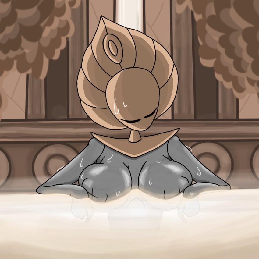 bath big_nipples breasts closed_eyes godseeker grey_body hollow_knight mask shiny_skin sweat