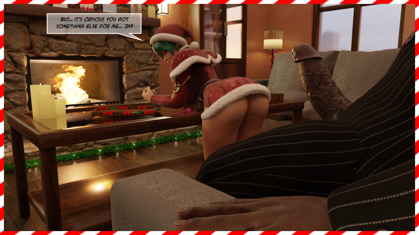 black_penis female female_only green_hair kiriko_(overwatch) overwatch text white_skin xmas