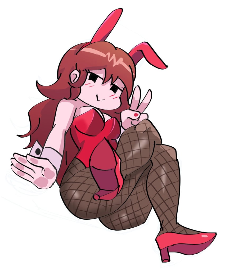 1girls ass blush brown_hair bunny_ears bunnysuit fishnet_stockings fishnets friday_night_funkin girlfriend_(friday_night_funkin) high_heels nail_polish nails peace_sign red_clothing smile solo solo_female straight white_background ytrall