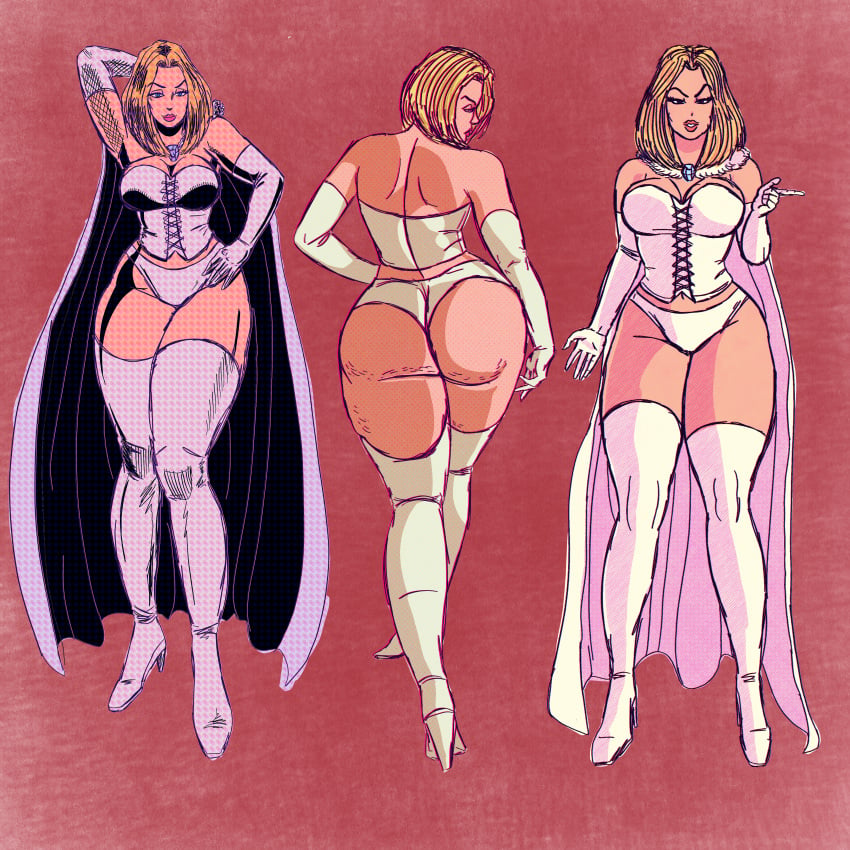 3girls big_ass big_breasts big_thighs blonde_hair blue_eyes bob_cut cape cel_shading cellulite corset emma_frost enormous_ass gigantic_ass hand_on_hip high_heels huge_ass looking_at_viewer masochistmaverick panties pawg short_hair smile thick_thighs thighhighs walking