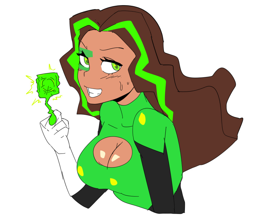 1girls big_breasts cleavage cleavage_cutout condom condom_wrapper dark-skinned_female dc dc_comics dc_super_hero_girls female female_only female_superhero green_lantern jessica_cruz kooying superhero superheroine sweat