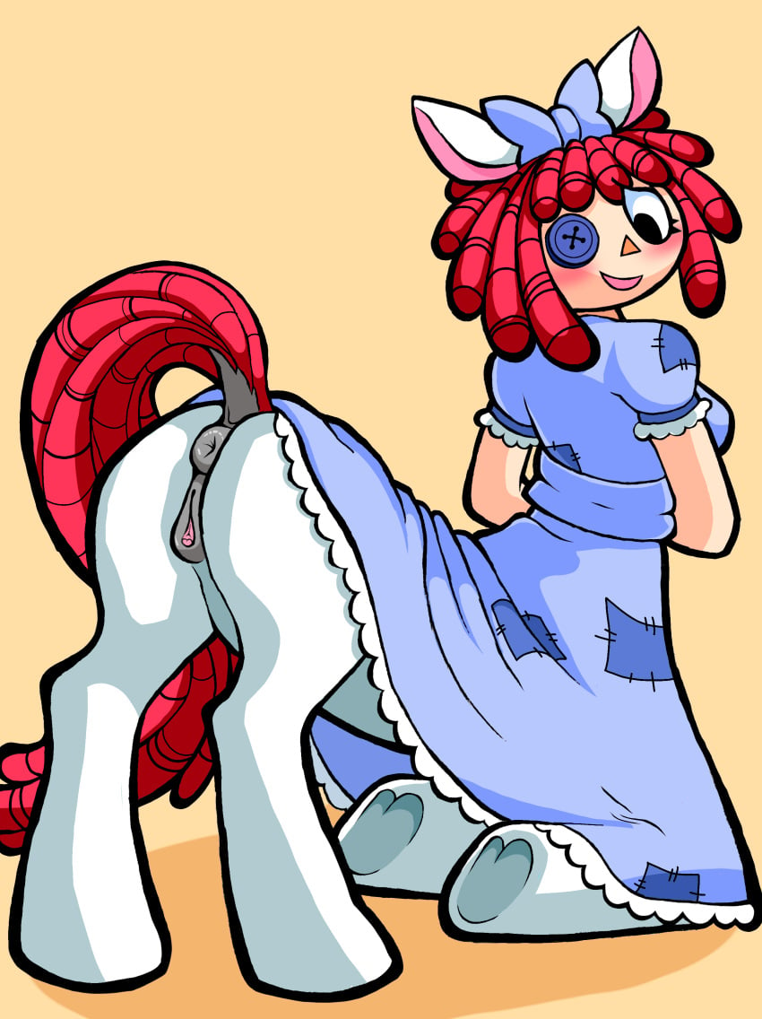 animal_genitalia_on_humanoid blush centaur doll female horse_anus_on_humanoid horse_pussy_on_humanoid m1nty mare partially_clothed ragatha_(the_amazing_digital_circus) red_hair simple_background taur the_amazing_digital_circus white_fur