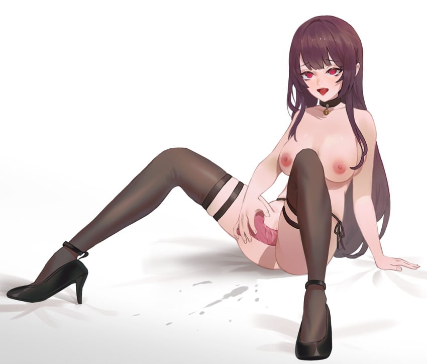 areolae arm_support bangs bikini black_footwear blush breasts choker cirilla_lin collarbone dildo eyebrows_visible_through_hair female girls'_frontline long_hair masturbation nipples object_insertion open_mouth purple_hair pussy_juice pussy_juice_stain red_eyes sex_toy side-tie_bikini simple_background sitting solo spread_legs swimsuit thighhighs tongue tongue_out topless vaginal_object_insertion vaginal_penetration wa2000_(girls'_frontline) white_background