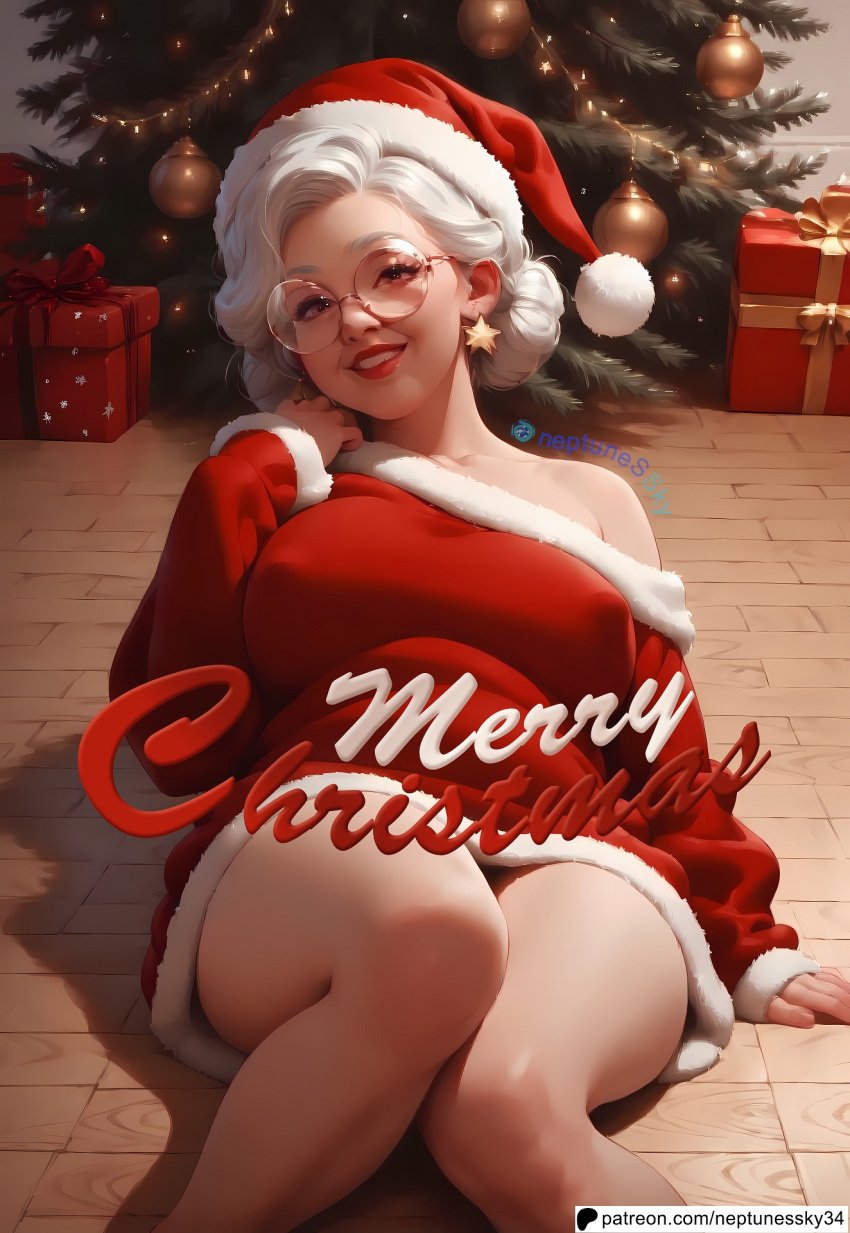 1girls ai_generated christmas christmas_clothing christmas_tree female glasses hair_bun mature_female mature_woman milf mrs._claus old older_female solo solo_female thick_thighs