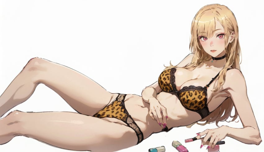 ai_generated animal_print_bikini big_breasts bikini blonde blonde_hair blonde_hair_female breasts female kitagawa_marin legs lingerie looking_at_viewer makeup navel perfect_body pink_eyes pink_nails skinny_girl slim_waist sono_bisque_doll_wa_koi_wo_suru