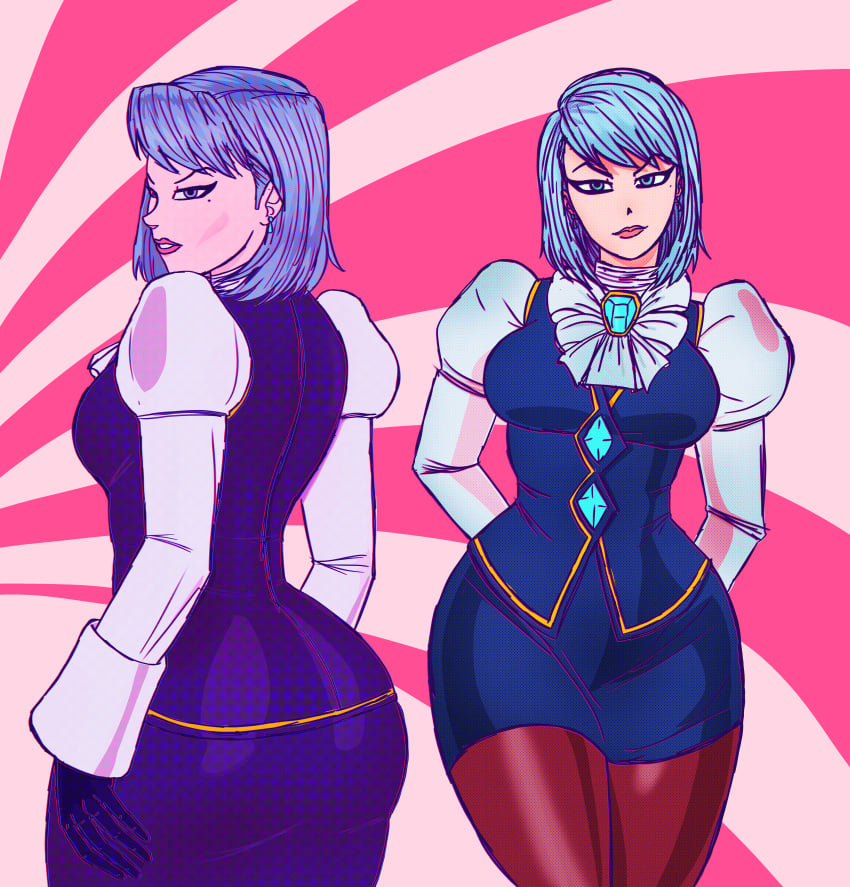 ace_attorney annoyed_expression bangs big_ass big_breasts capcom eyeliner formal grey_eyes grey_hair hand_on_hip hands_on_hips karuma_mei masochistmaverick pantyhose short_hair sideboob silver_hair smile wide_hips