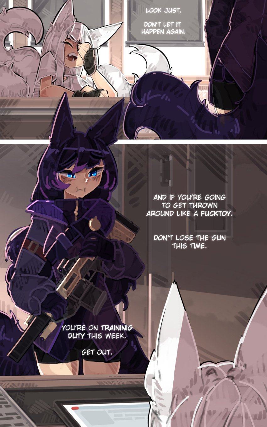 2girls amora_(oc) comic dialogue fingerless_gloves fox_ears fox_tail jacket light-skinned_female light_skin long_hair meta:comic original_character pmc_promiscuity purple_eyes purple_hair shizu_(shuuko) shuuko tagme white_hair